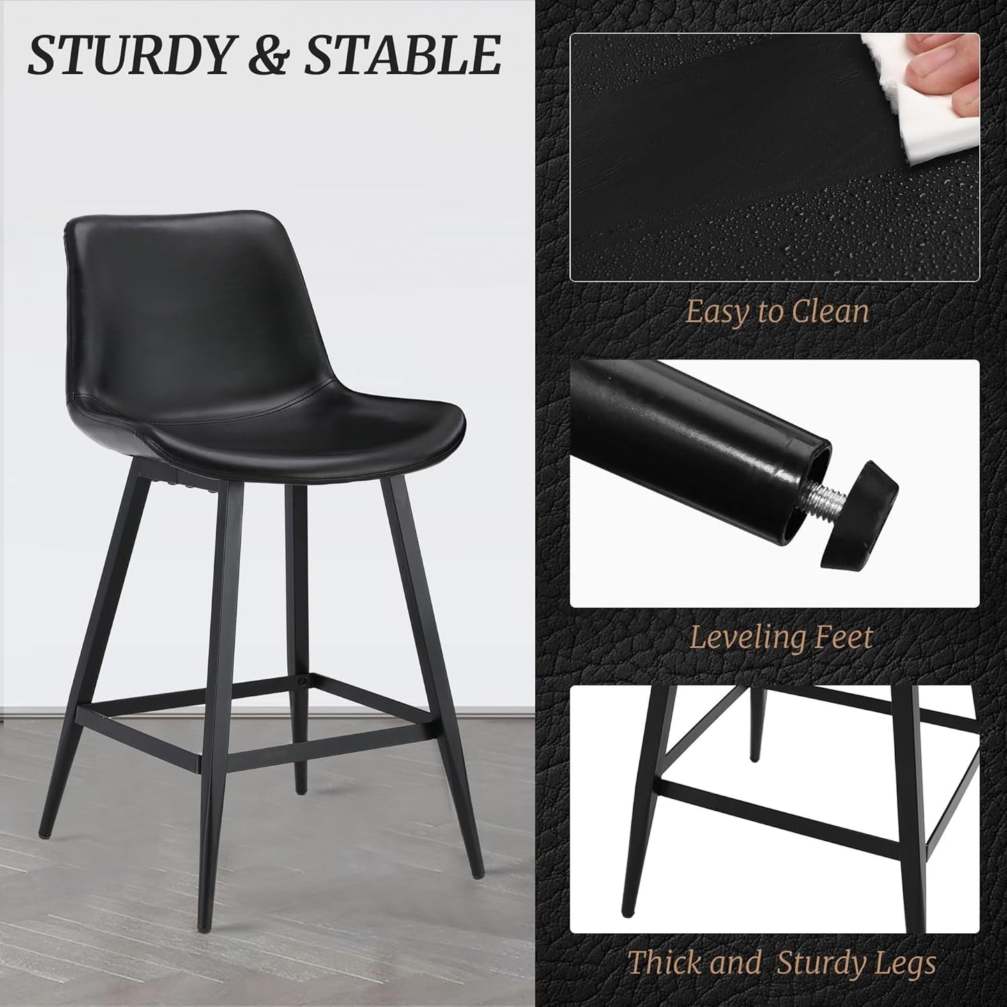 24 Inch Counter Stool, Modern Bucket Barstool Set of 3, Barstools with Back and Footrest, Faux Leather Bar Stools for Kitchen Island Restaurants, Black-4