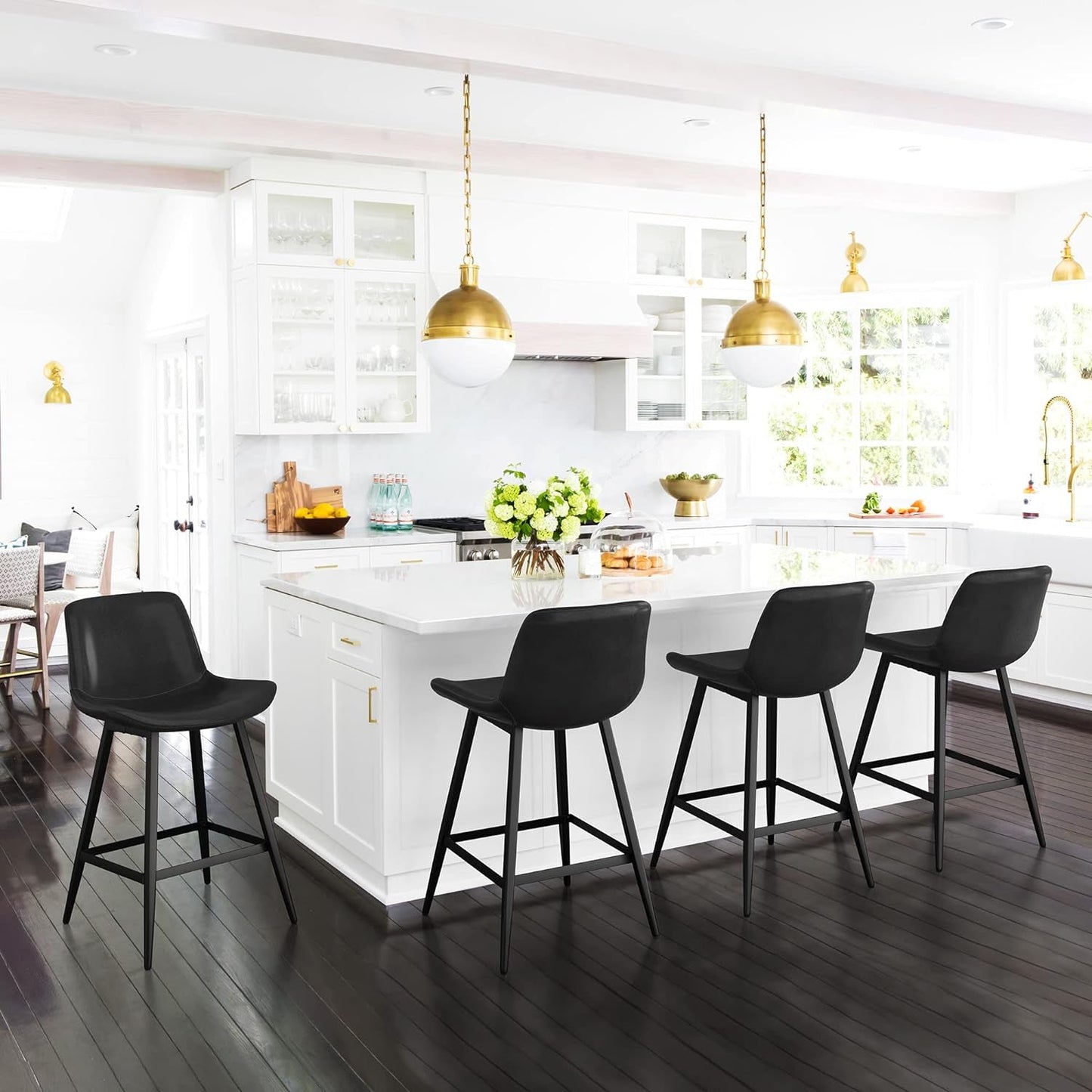24 Inch Counter Stool, Modern Bucket Barstool Set of 3, Barstools with Back and Footrest, Faux Leather Bar Stools for Kitchen Island Restaurants, Black-2