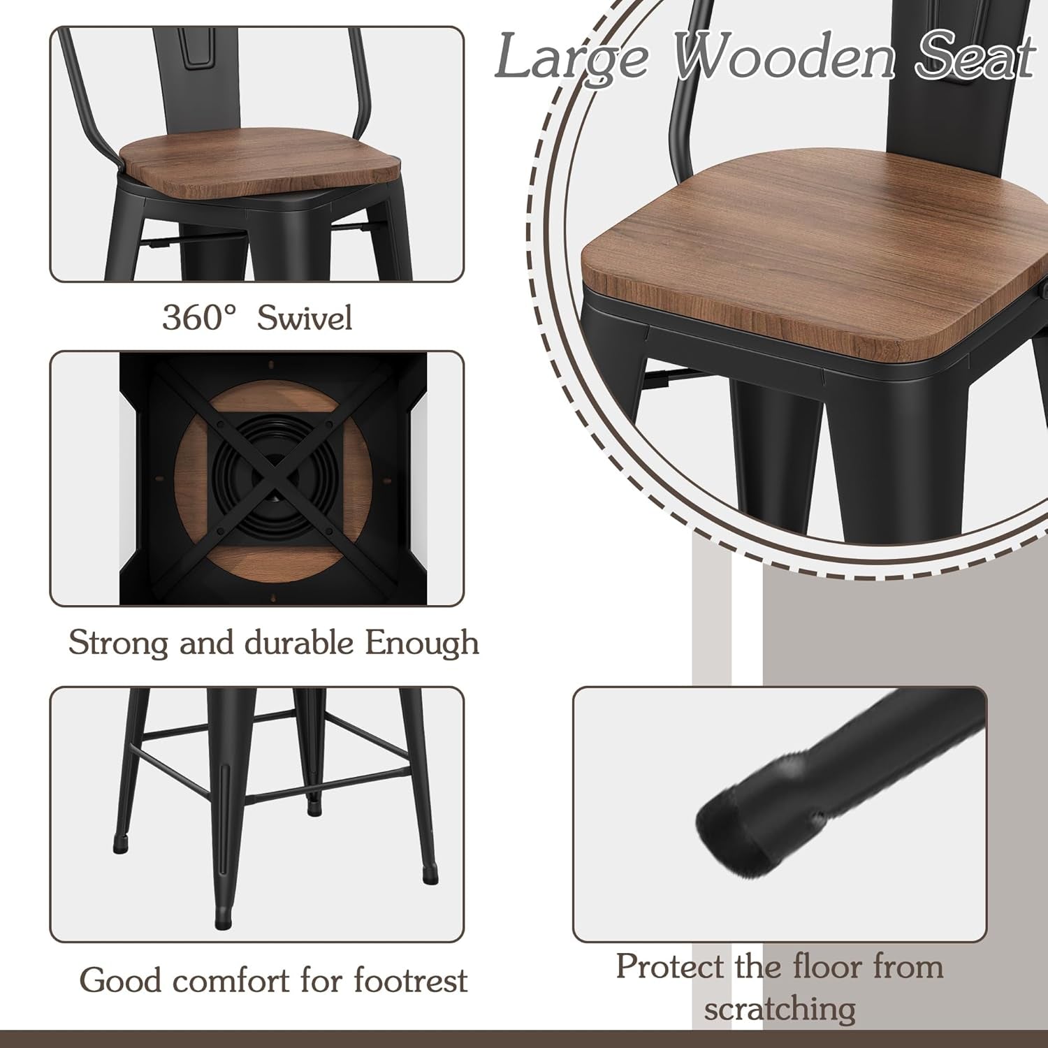 26" Swivel Metal Bar Stools Set of 4 High Back Counter Height Barstools Industrial Dining Bar Chairs with Large Wooden Seat-Matte Black-4