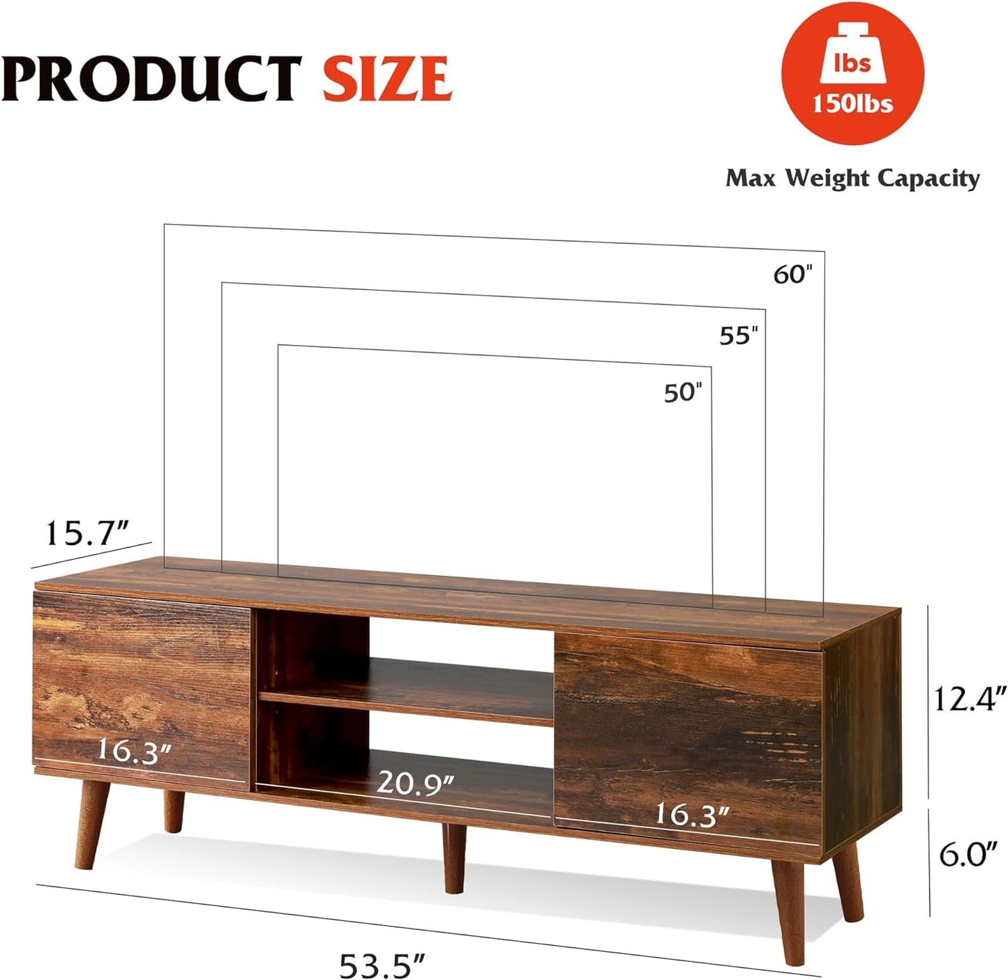 TV Stand for 55 60 Inch TV, Mid Century Modern TV Console, Entertainment Center with Storage for Living Room, Retro Brown-2