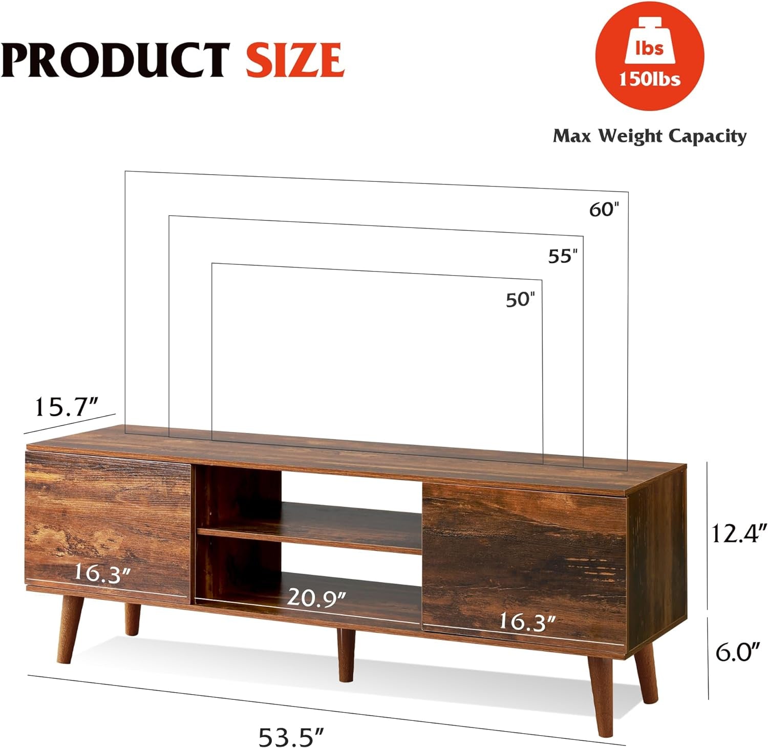 TV Stand for 55 60 Inch TV, Mid Century Modern TV Console, Entertainment Center with Storage for Living Room, Retro Brown-2