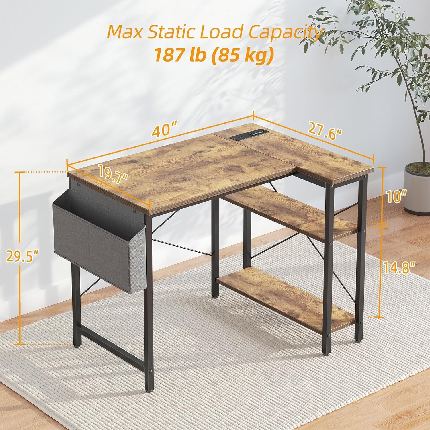 Small Computer Desk with Power Outlets, 40 Inch L Shaped Desk with Reversible Shelves, Gaming Desk Corner Desk Study Writing Desk for Home Office Bedroom Small Space, Rustic Brown-2