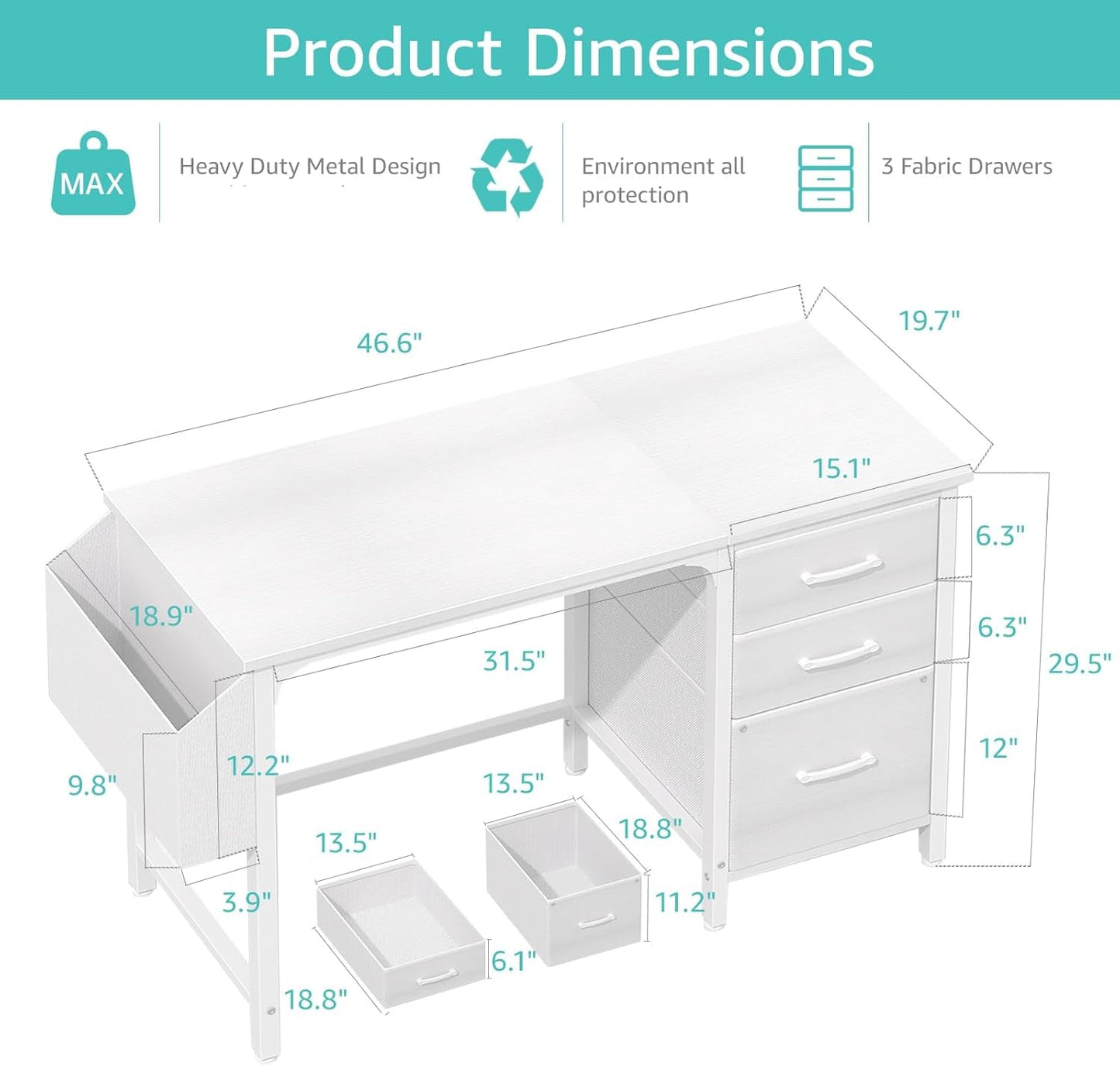 White Computer Desk with Fabric File Drawers Cabinet, 47 Inch Home Office Desks with Filing Cabinet for Small Space, Modern Writing Table PC Desks, White-2