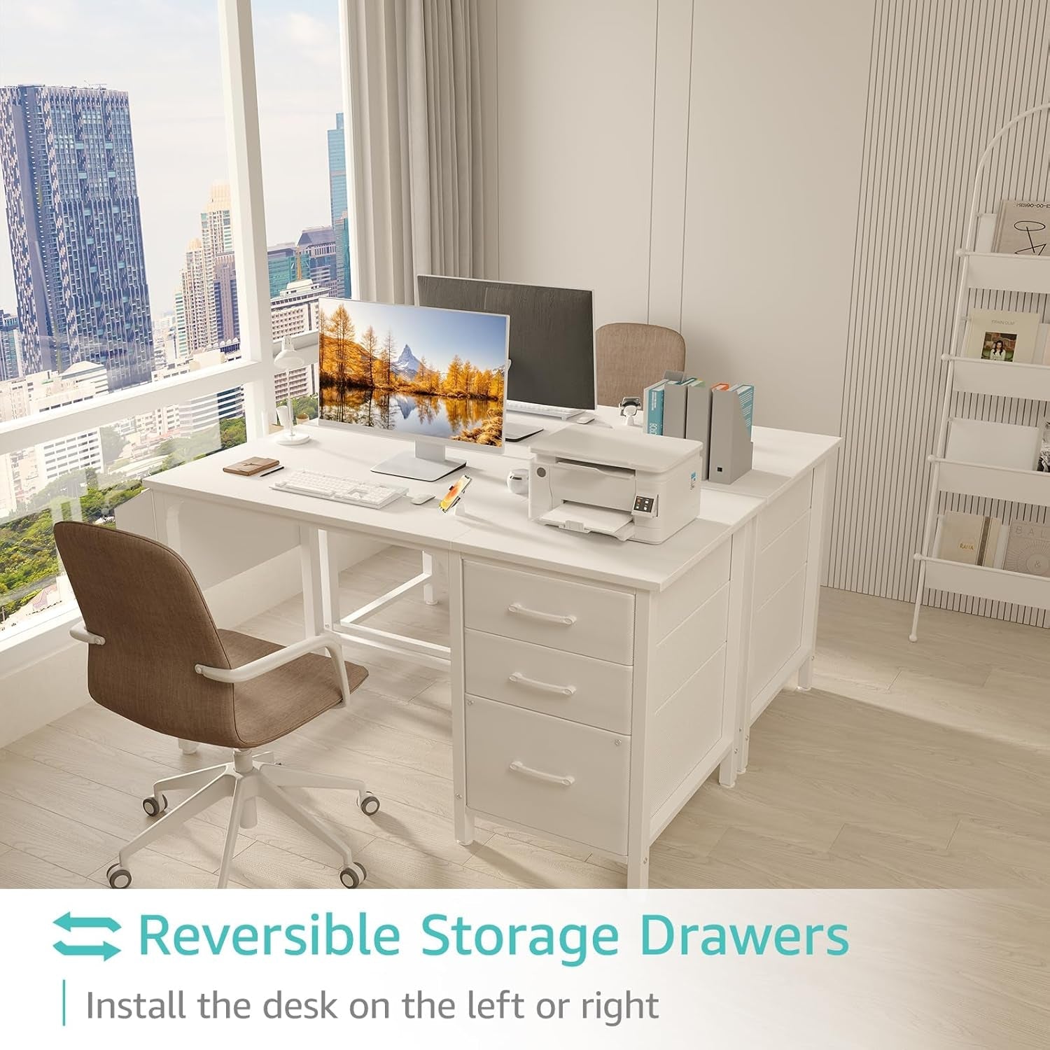 White Computer Desk with Fabric File Drawers Cabinet, 47 Inch Home Office Desks with Filing Cabinet for Small Space, Modern Writing Table PC Desks, White-3