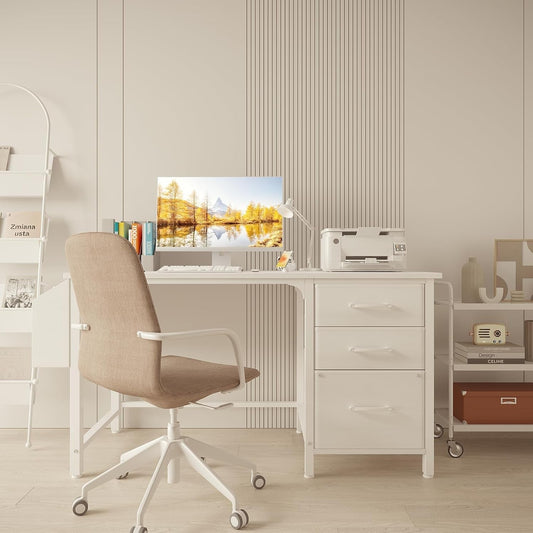 White Computer Desk with Fabric File Drawers Cabinet, 47 Inch Home Office Desks with Filing Cabinet for Small Space, Modern Writing Table PC Desks, White-1