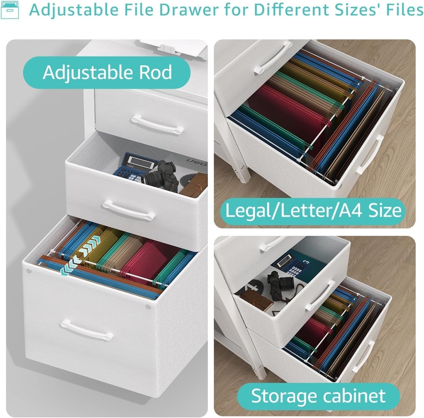 White Computer Desk with Fabric File Drawers Cabinet, 47 Inch Home Office Desks with Filing Cabinet for Small Space, Modern Writing Table PC Desks, White-4