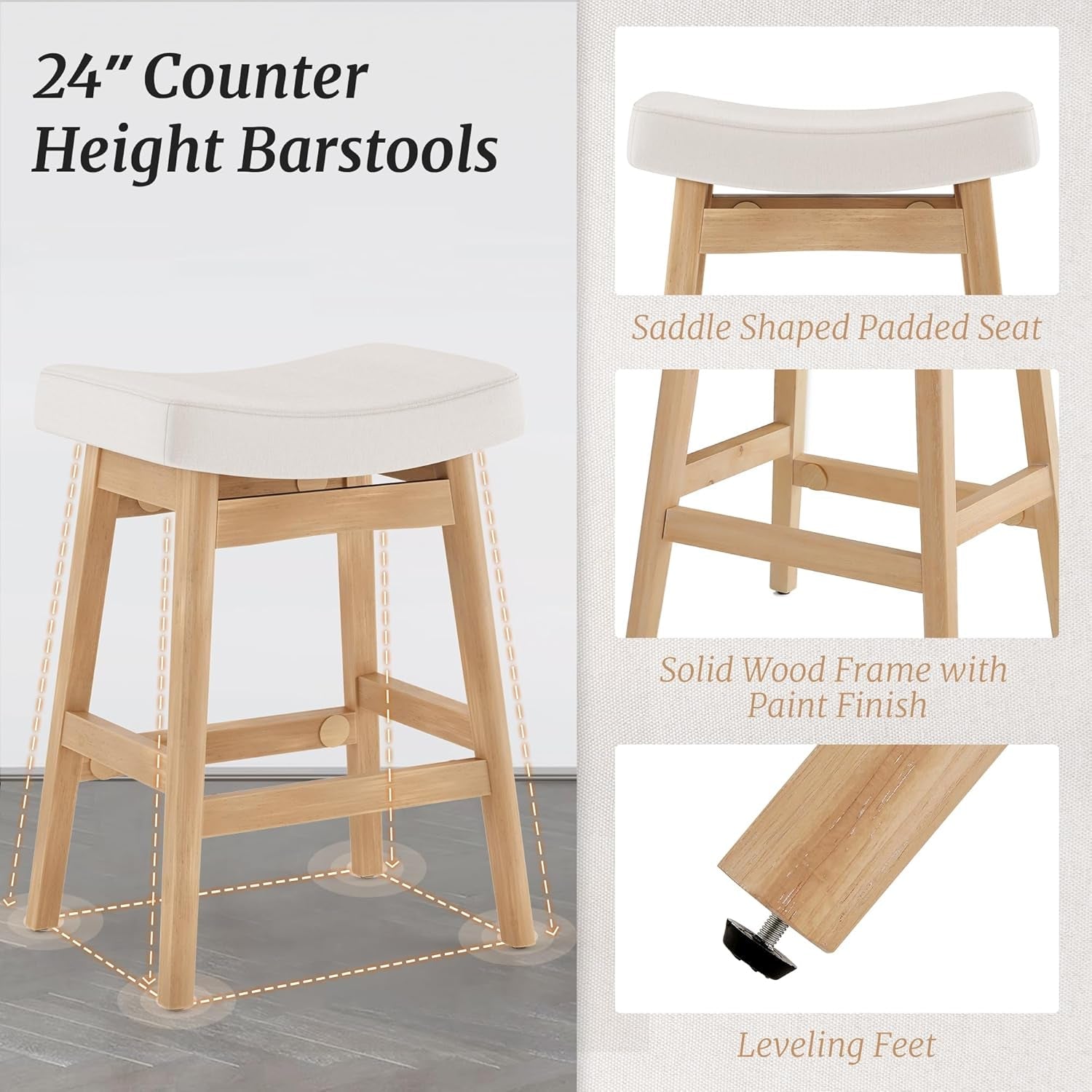 Bar Stools Set of 3, Barstools with Sturdy Wood Legs, Saddle Seat Counter Height Bar Stools for Kitchen Counter, Bar, Dining, 24 Inch Farmhouse Counter Stools, Beige-4