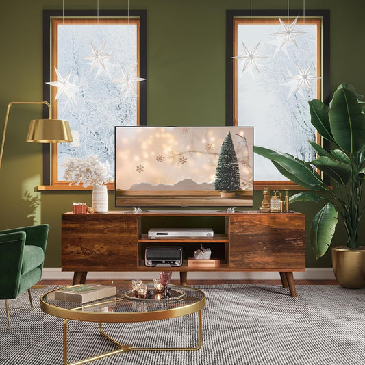 TV Stand for 55 60 Inch TV, Mid Century Modern TV Console, Entertainment Center with Storage for Living Room, Retro Brown-1