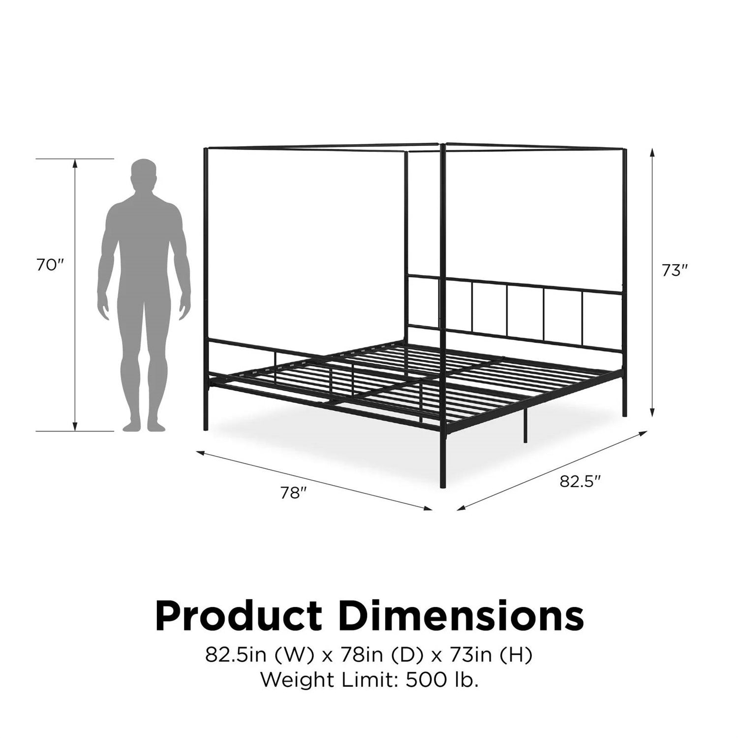 King size Black Metal Canopy Bed Frame with Headboard and Footboard-4