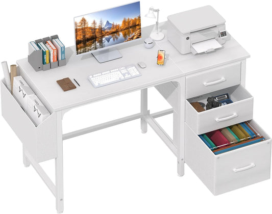 White Computer Desk with Fabric File Drawers Cabinet, 47 Inch Home Office Desks with Filing Cabinet for Small Space, Modern Writing Table PC Desks, White-0