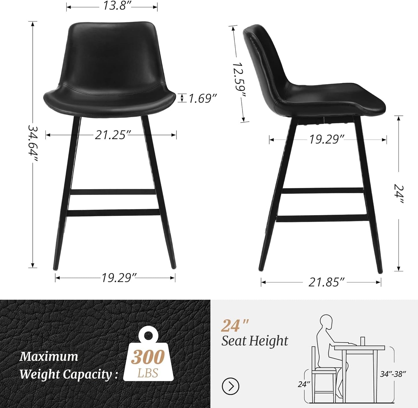 24 Inch Counter Stool, Modern Bucket Barstool Set of 3, Barstools with Back and Footrest, Faux Leather Bar Stools for Kitchen Island Restaurants, Black-1