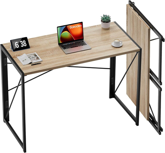 Small Folding Desk 39.4 Inch Foldable Computer Desks, Spaces Saving Writing Table for Bedroom, Home Office, Dorm, Apartment, Kids, Beech-0