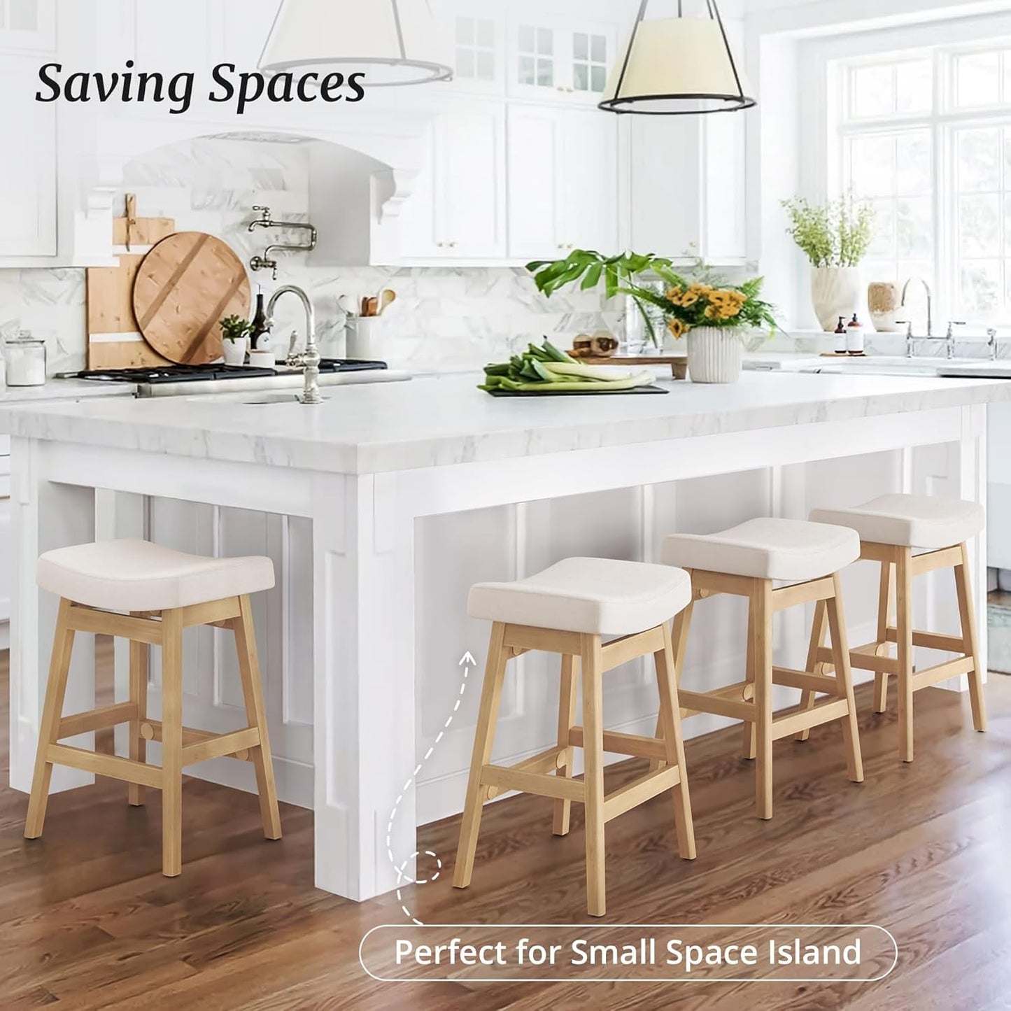 Bar Stools Set of 3, Barstools with Sturdy Wood Legs, Saddle Seat Counter Height Bar Stools for Kitchen Counter, Bar, Dining, 24 Inch Farmhouse Counter Stools, Beige-3