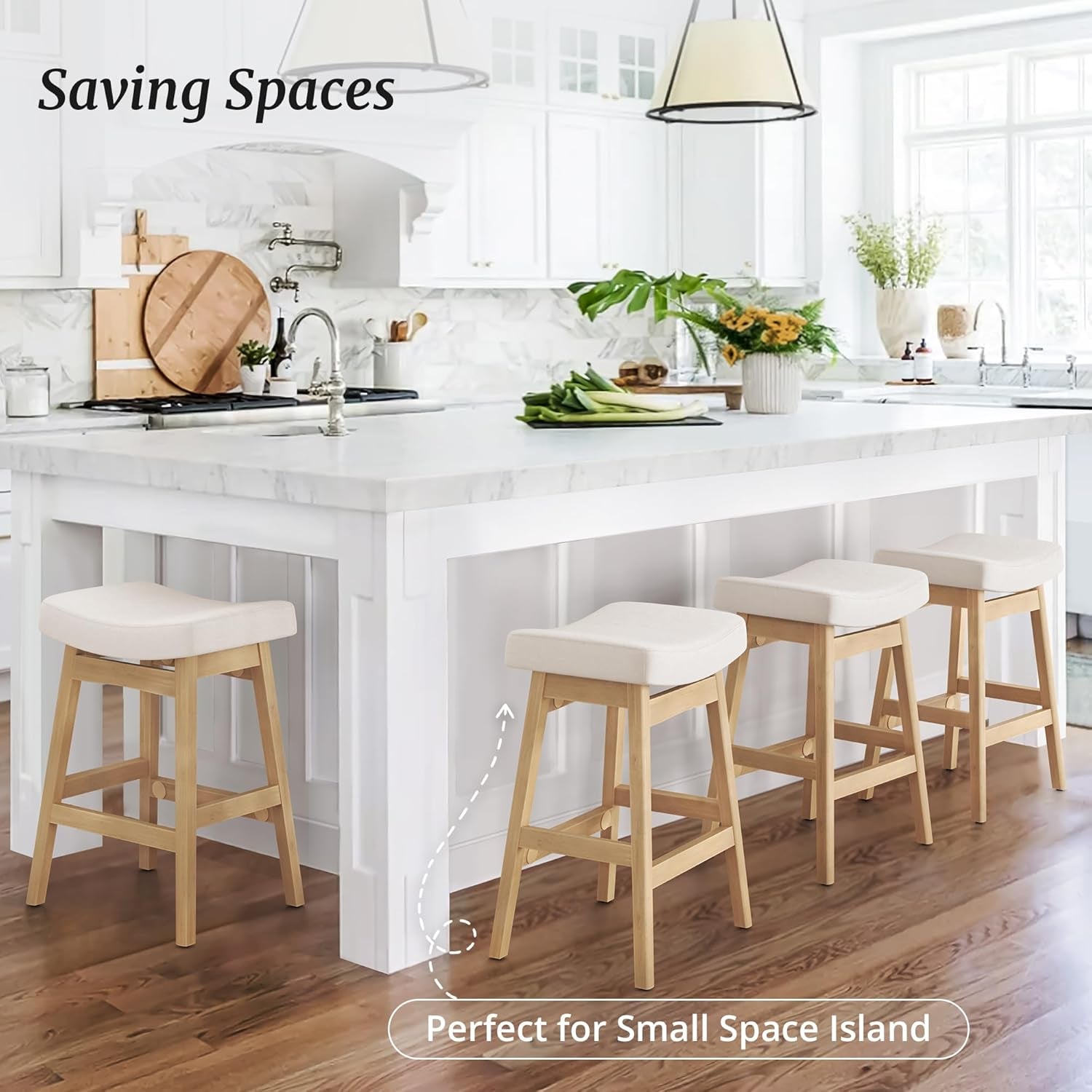 Bar Stools Set of 3, Barstools with Sturdy Wood Legs, Saddle Seat Counter Height Bar Stools for Kitchen Counter, Bar, Dining, 24 Inch Farmhouse Counter Stools, Beige-3