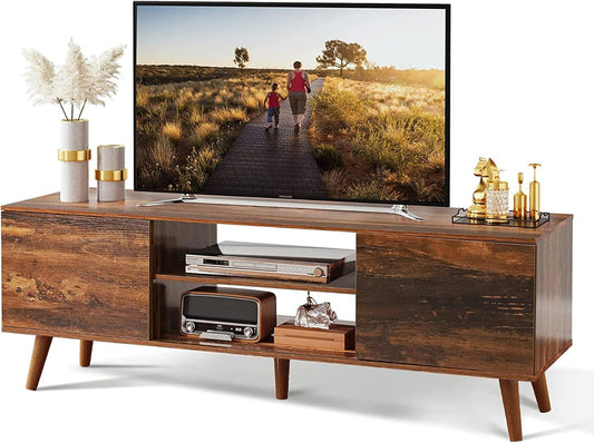 TV Stand for 55 60 Inch TV, Mid Century Modern TV Console, Entertainment Center with Storage for Living Room, Retro Brown-0