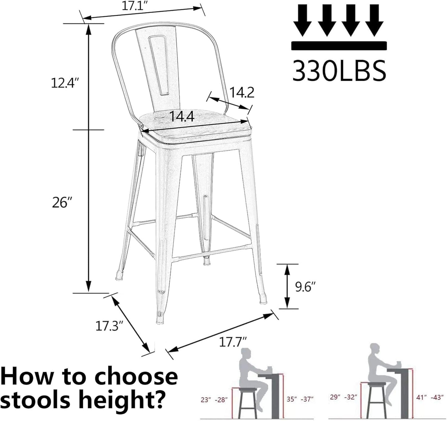 26" Swivel Metal Bar Stools Set of 4 High Back Counter Height Barstools Industrial Dining Bar Chairs with Large Wooden Seat-Matte Black-1