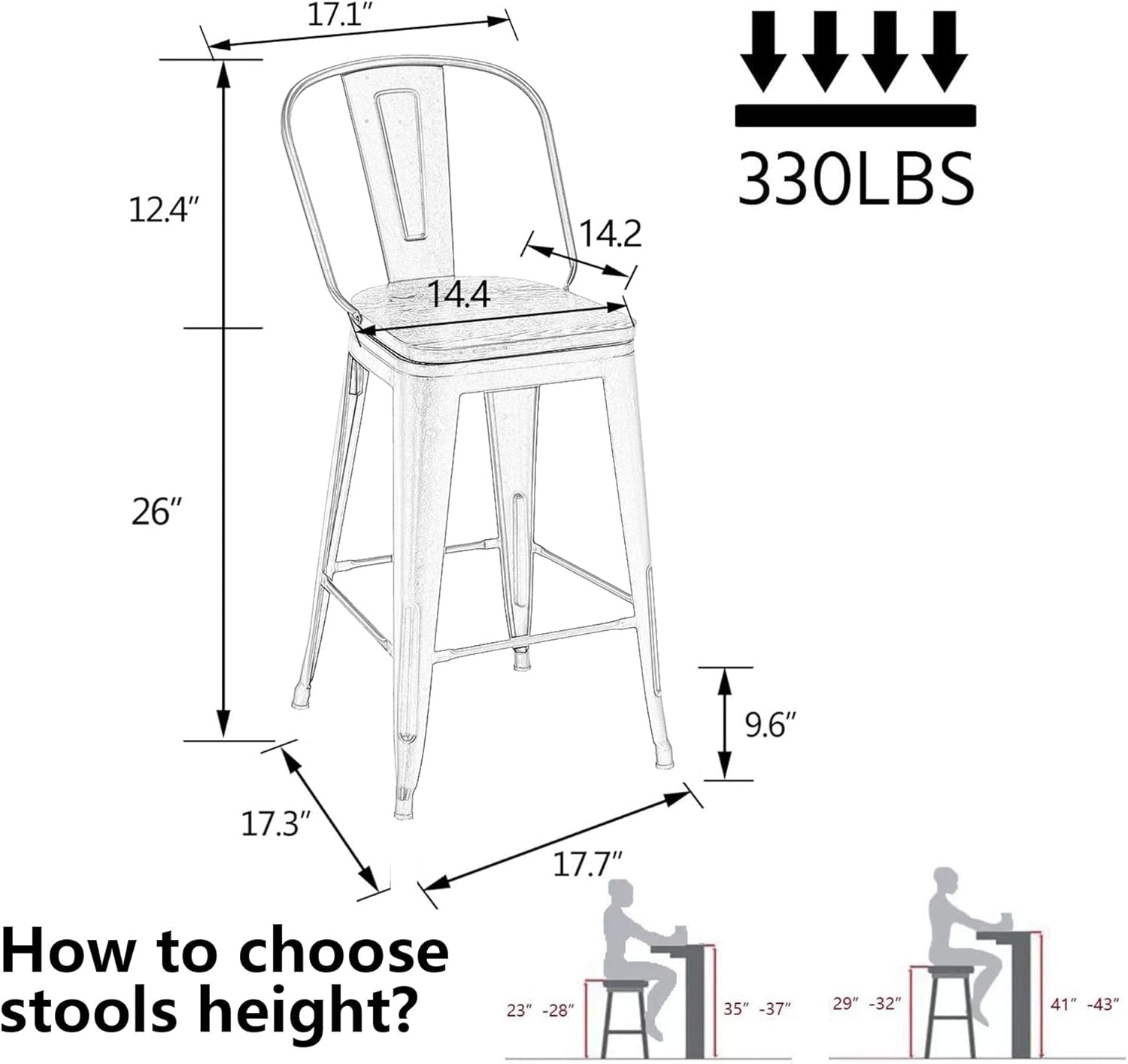 26" Swivel Metal Bar Stools Set of 4 High Back Counter Height Barstools Industrial Dining Bar Chairs with Large Wooden Seat-Matte Black-1