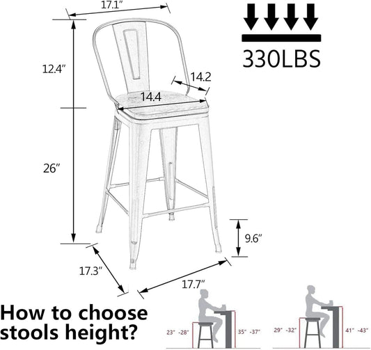 26" Swivel Metal Bar Stools Set of 4 High Back Counter Height Barstools Industrial Dining Bar Chairs with Large Wooden Seat-Matte Black-1